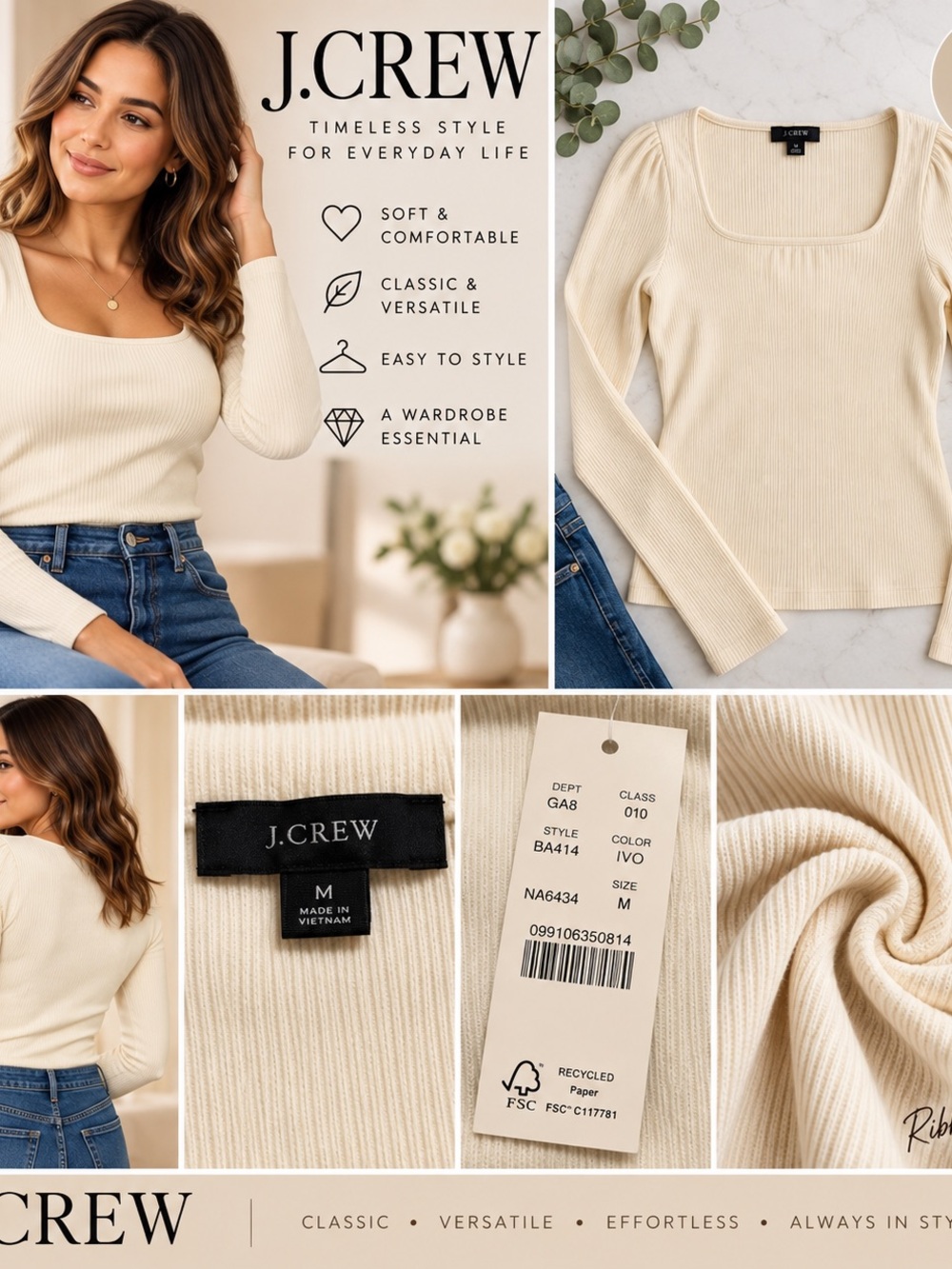 J. Crew Ivory Ribbed Square-Neck Crew Sweater